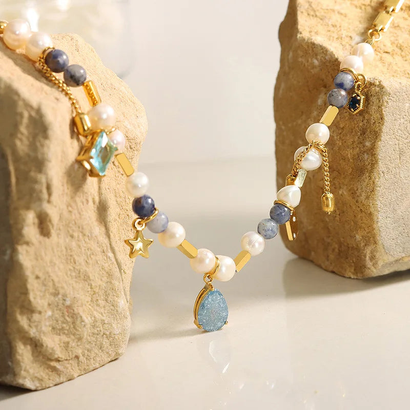 GT Geometric Natural Stone Pendant Stainless Steel Beads Fresh Water Pearls Necklace