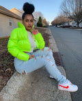 Neon Green Shinny Cropped Long Sleeve Winter Coat for Women Bubble Puffer Jacket with Cotton Filling Woven Jacket Clothes