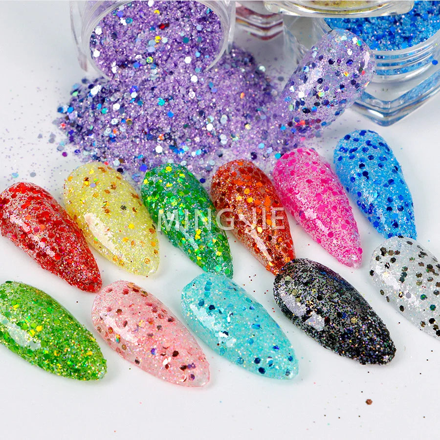 Free Samples Solvent Resistant Nail Gel Glitters Hexagon Holographic PET Chunky Glitter Mix for Tumbler Crafts