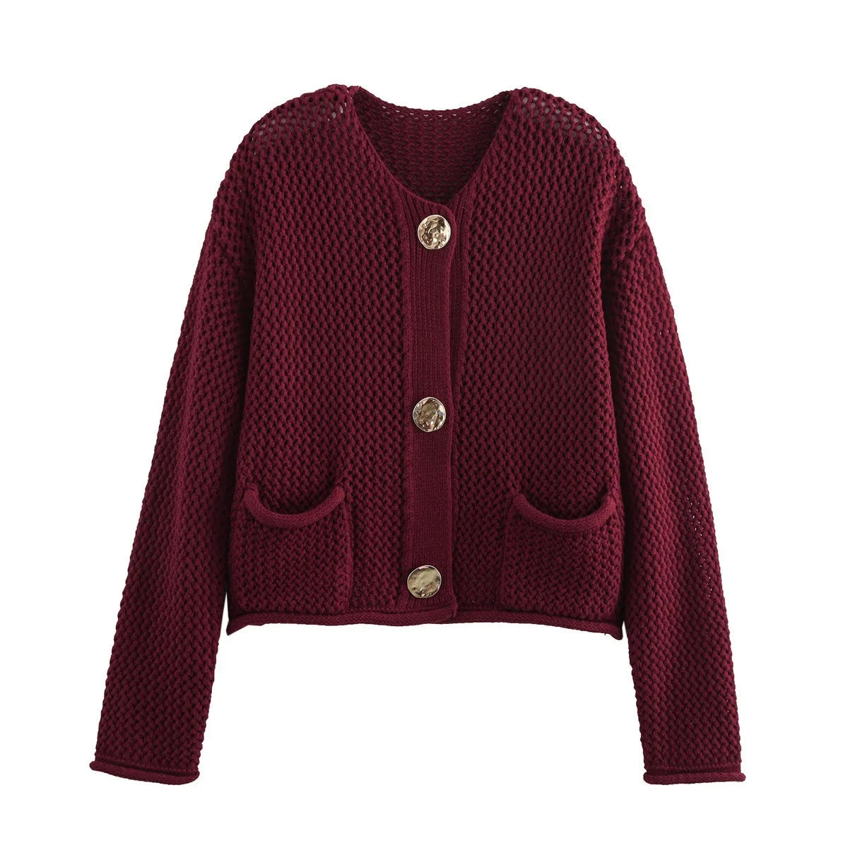 Autumn Winter New Round Neck Hollow Thick Needle Long Sleeve Women Cardigan Sweater Coat