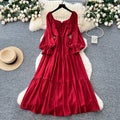 2025 Square Collar Tunic Slim Bandage Casual Maxi Dress Women Lantern Sleeve Empire Dress