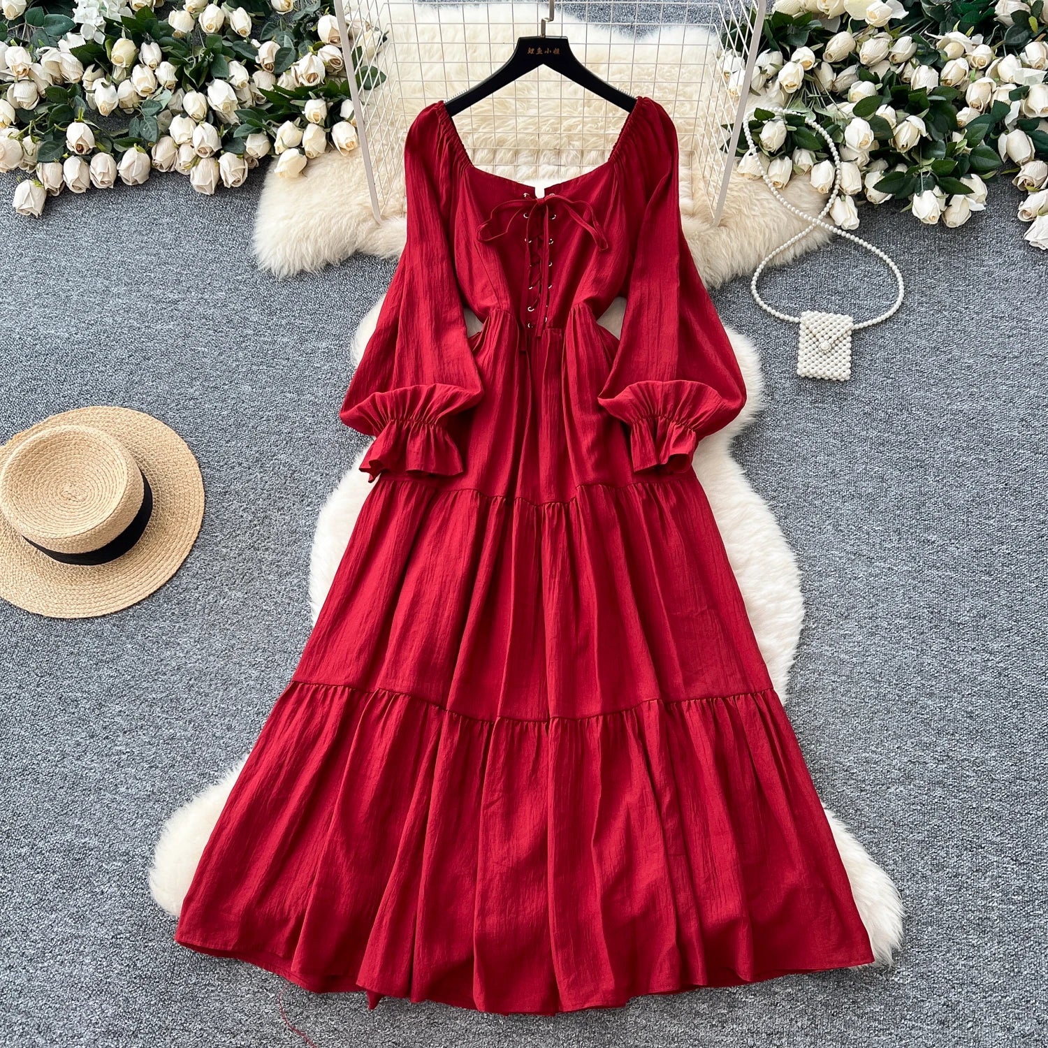 2025 Square Collar Tunic Slim Bandage Casual Maxi Dress Women Lantern Sleeve Empire Dress