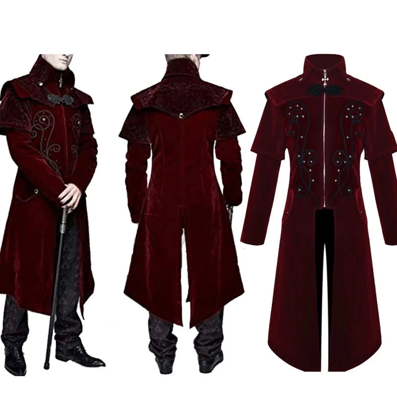 Men's Medieval Steampunk Castle Vampire Devil Red Coat Cosplay Costume Middle Ages Victorian Nobles Tuxedo Suit Trench Coat