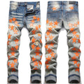 AeeDenim OEM logo High Street New Style Ripped Orange Star Patch Work Fashion Slim Feet Full of Stars Stretch Men's Denim Jeans