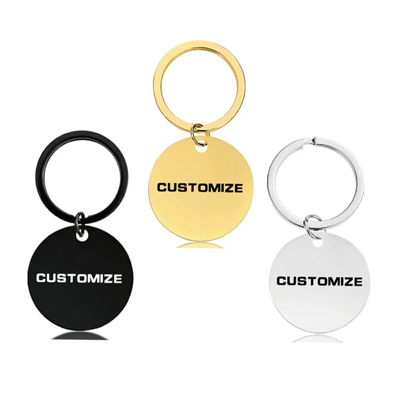 Custom Engraved Engraving Stainless Steel Round Rose Gold 18K Gold Black Dog Tag Key Ring Promotional Anniversary Gift Key Chain