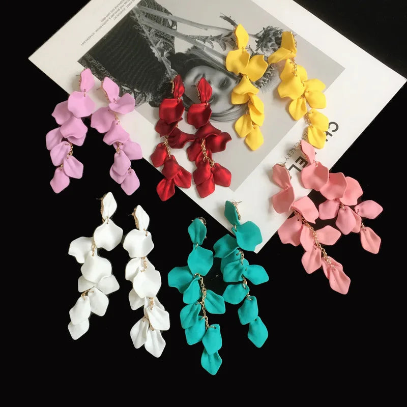 New Designs Earrings Large Enamel Flower Earrings Fashion extra Long Tassel Acrylic Petal Earring