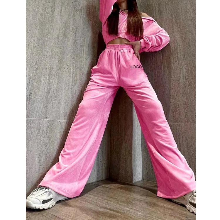 F230399 Custom Sports Wide Leg Trousers Suits Womens 2 Pieces Fashion Long Sleeve Loose Sweatshirts Velvet Pants Jogger Sets