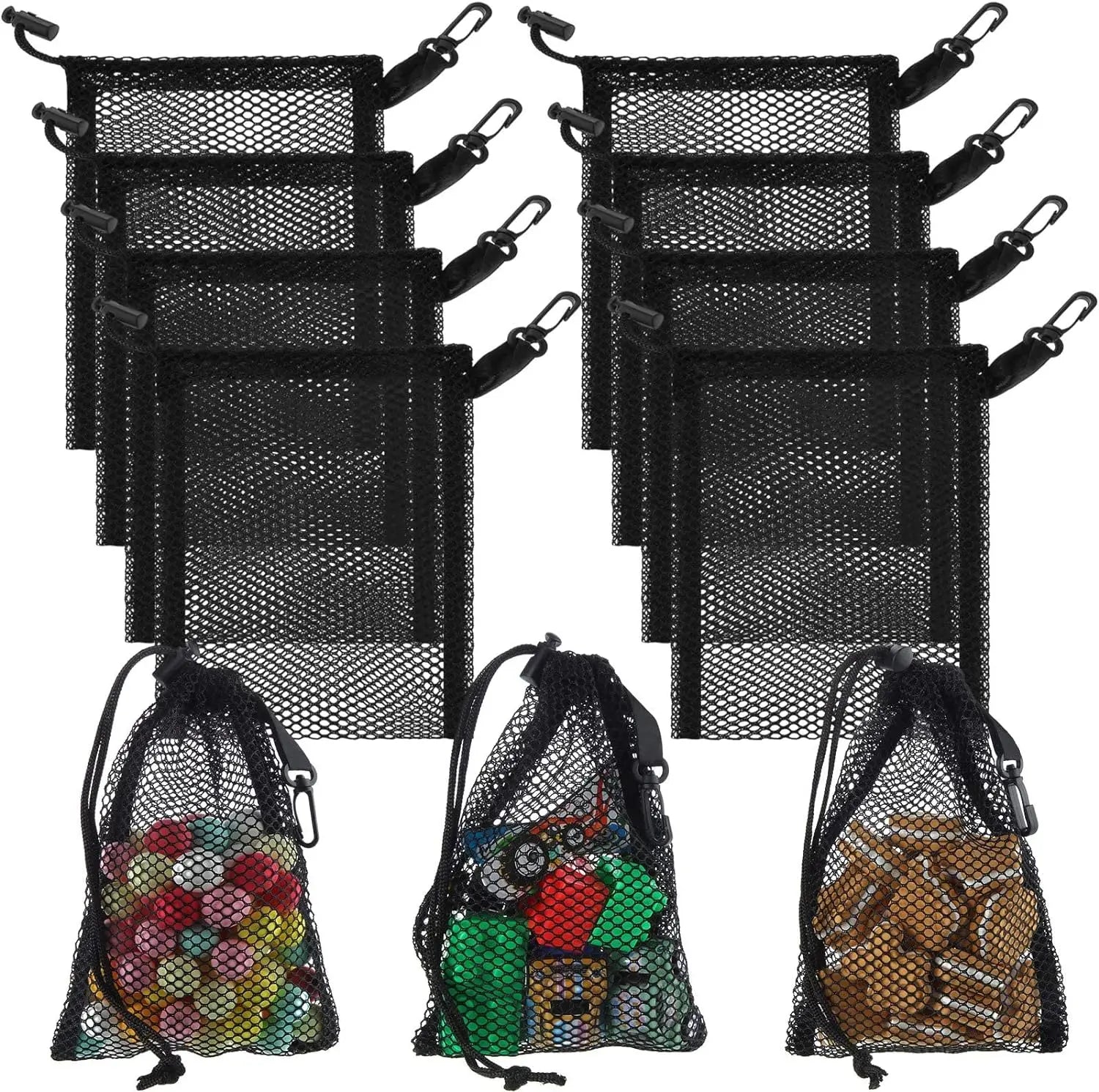 Black Mesh Drawstring Bags With Clips Nylon Storage for Collecting Toys Travel (20 X 15 Cm/ 7.9 X 6 Inch)