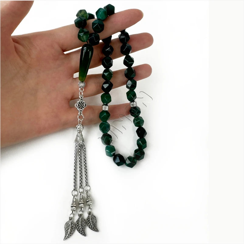 Islamic Religious Prayer Beads Natural Green Agate Stainless Steel Tassel Muslim Rosaries Tasbih Misbaha Gold/Silver Plated