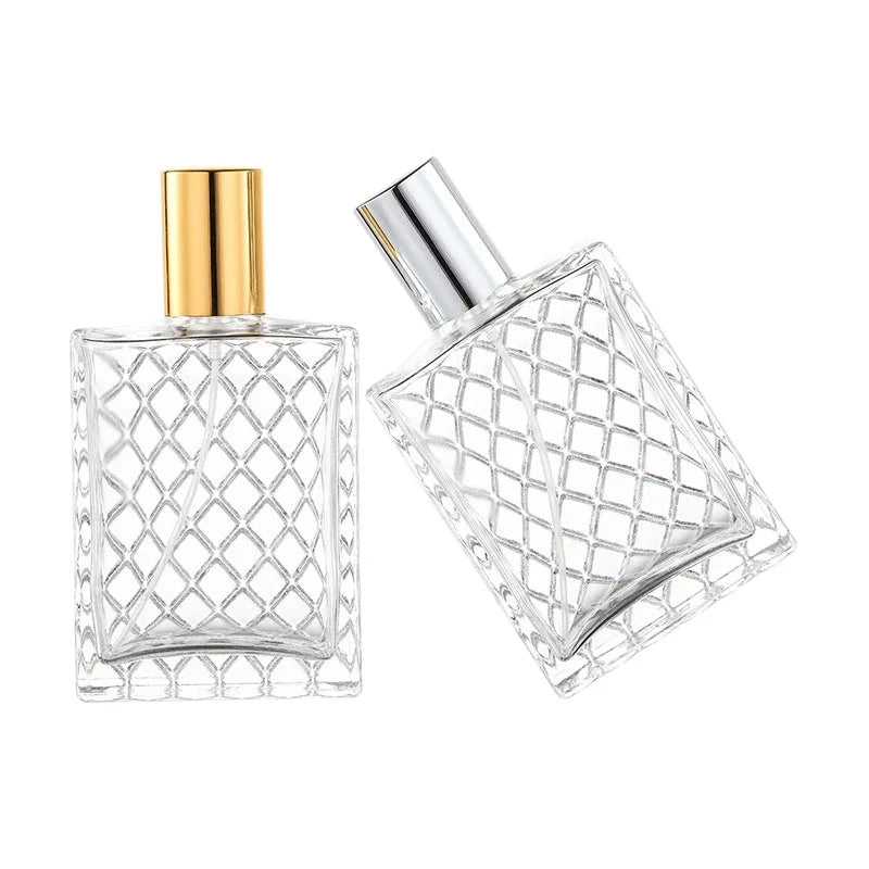 Transparent Perfume Bottle Glass 100 ml Mesh Glass Perfume Bottle Oil Square Pump Refillable Empty Rhombic Lattice Spray Bottle