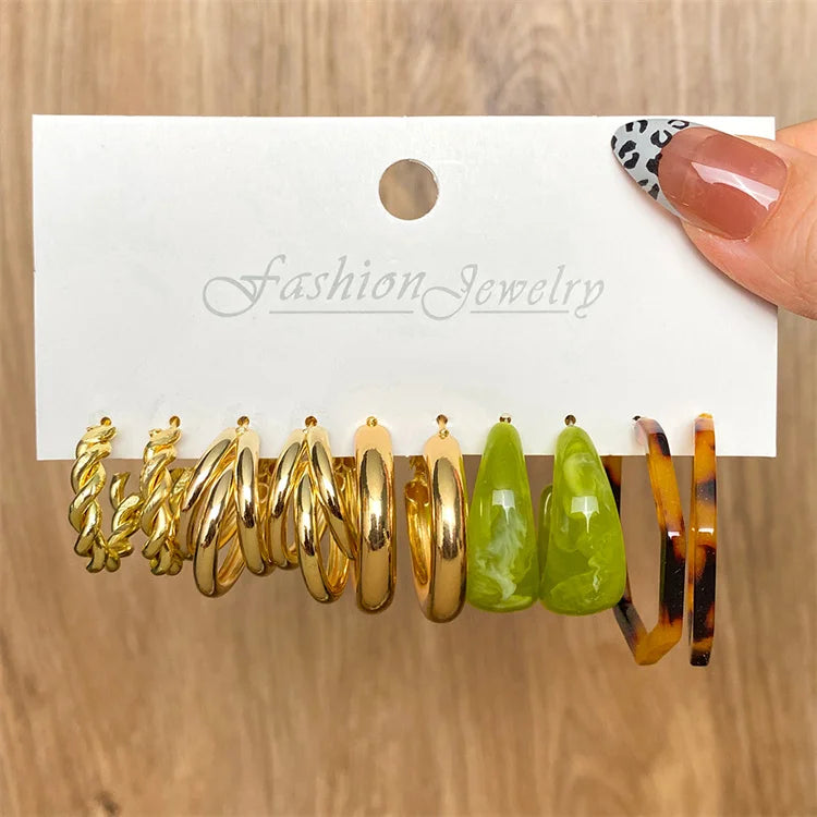 VKME New Design Bohemian Gold Plated Stud Earring Set Vintage Acrylic Resin Hoop Earrings Set for Women Jewelry