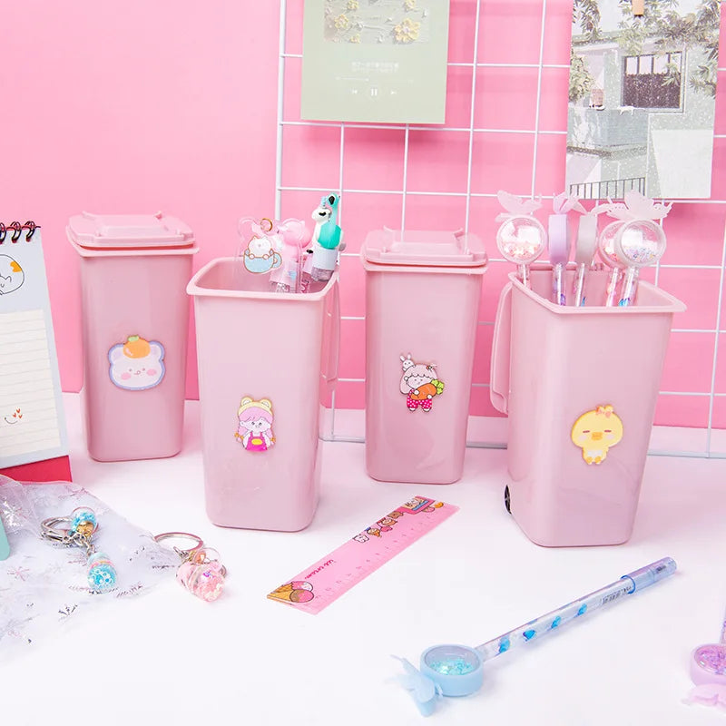 Kawaii Pink Creative Student Stationery Pen Holder with Trash Can Plastic Material Use for Calendar