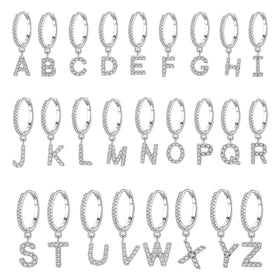 FIne Jewelry Full Diamond Single A-Z Letter Earrings 925 Sterling Silver Cubic Zirconia English Alphabet Hoop Earrings