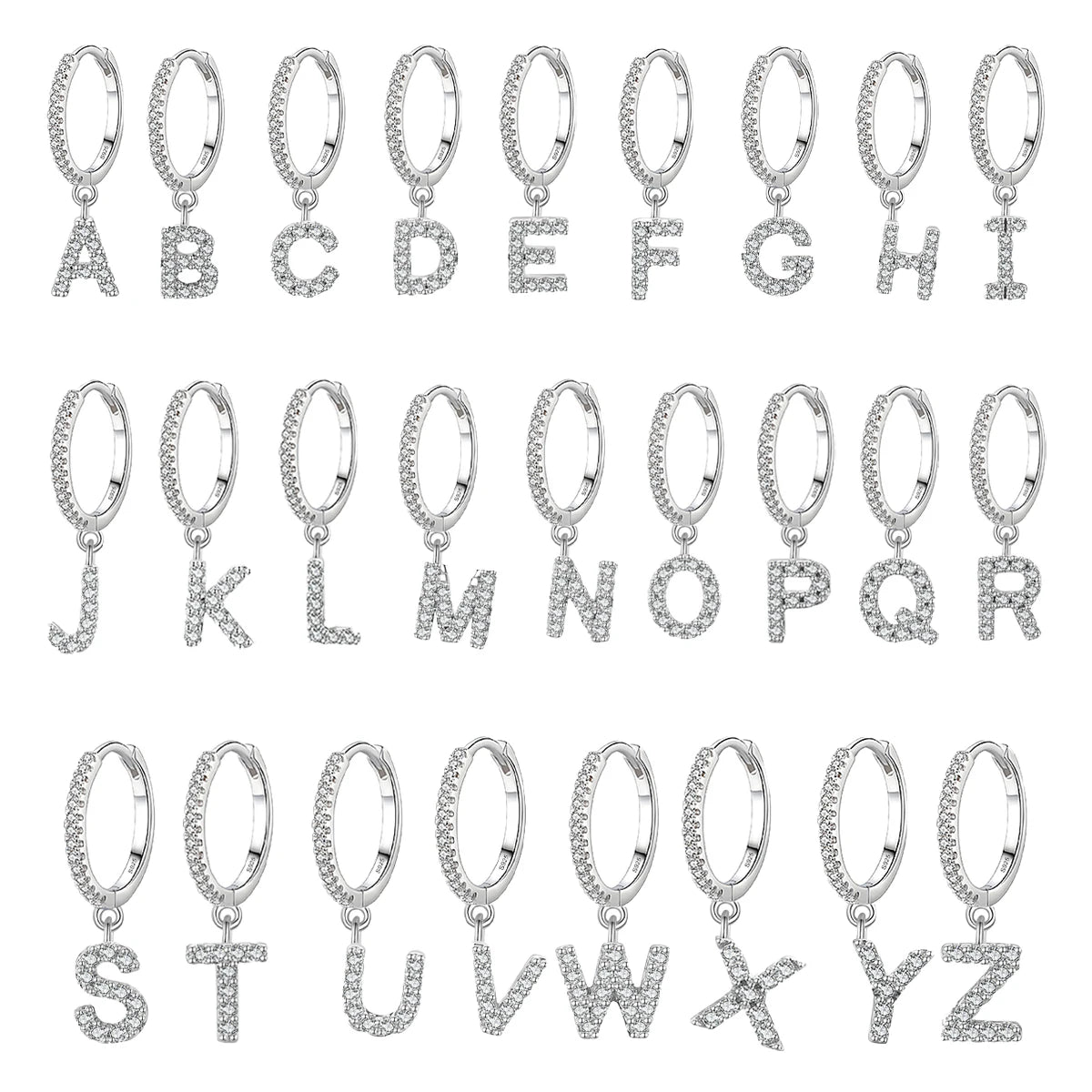 FIne Jewelry Full Diamond Single A-Z Letter Earrings 925 Sterling Silver Cubic Zirconia English Alphabet Hoop Earrings