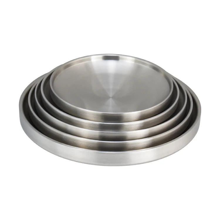Customized Logo 17cm 19cm 21cm 23cm 26cm Restaurant Hotel Home Double Wall Stainless Steel Food Tray Serving Plates Dish