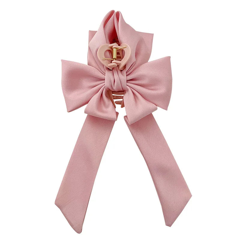 MIO Spring New Silky Satin Super Large Bow Hair Claw Girls Plain Color Long Ribbon Big Bowknot Hair Barrette Plastic Shark Clip