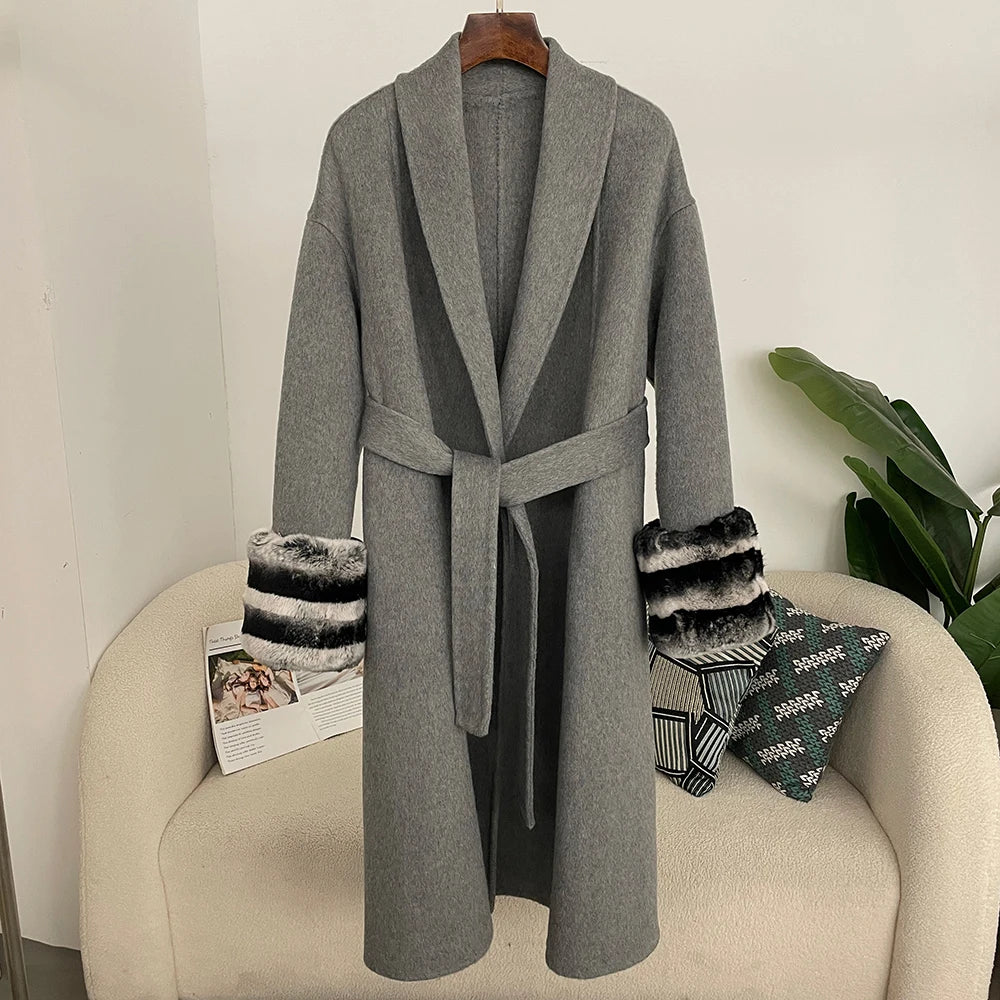 OFTBUY Women's Casual Double-Faced Wool Blends Jacket Elegant Loose Autumn Winter Coat Real Rabbit Sheep Fur Spring Woven Belt