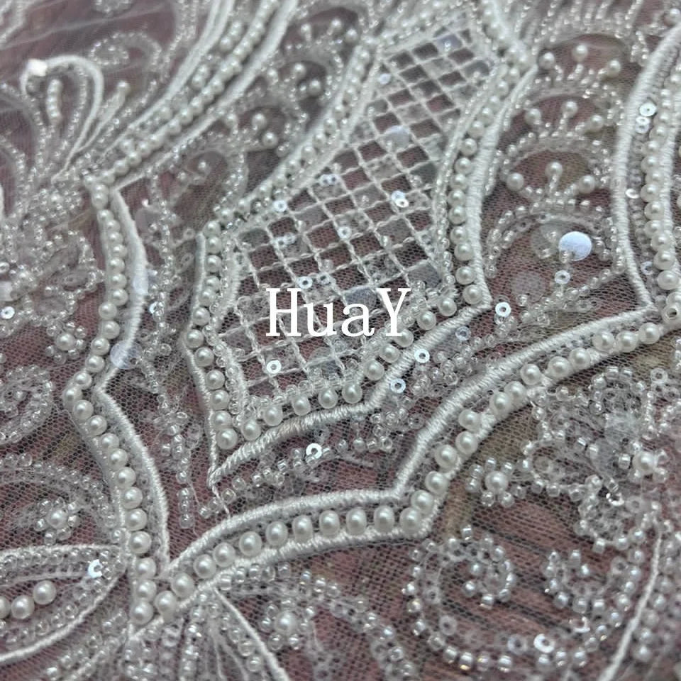 2023 New White Luxury Bridal Tulle Sequins Lace Beaded and Pearls Fabrics for European Wedding Dress  HY2417