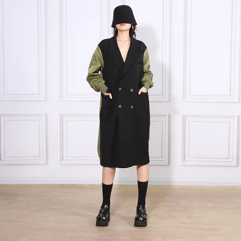 2024 Spring Retro Blazer for Women New Contrast Color Splicing Design Loose Slim Long Windbreaker Jacket Solid Collar Clothing