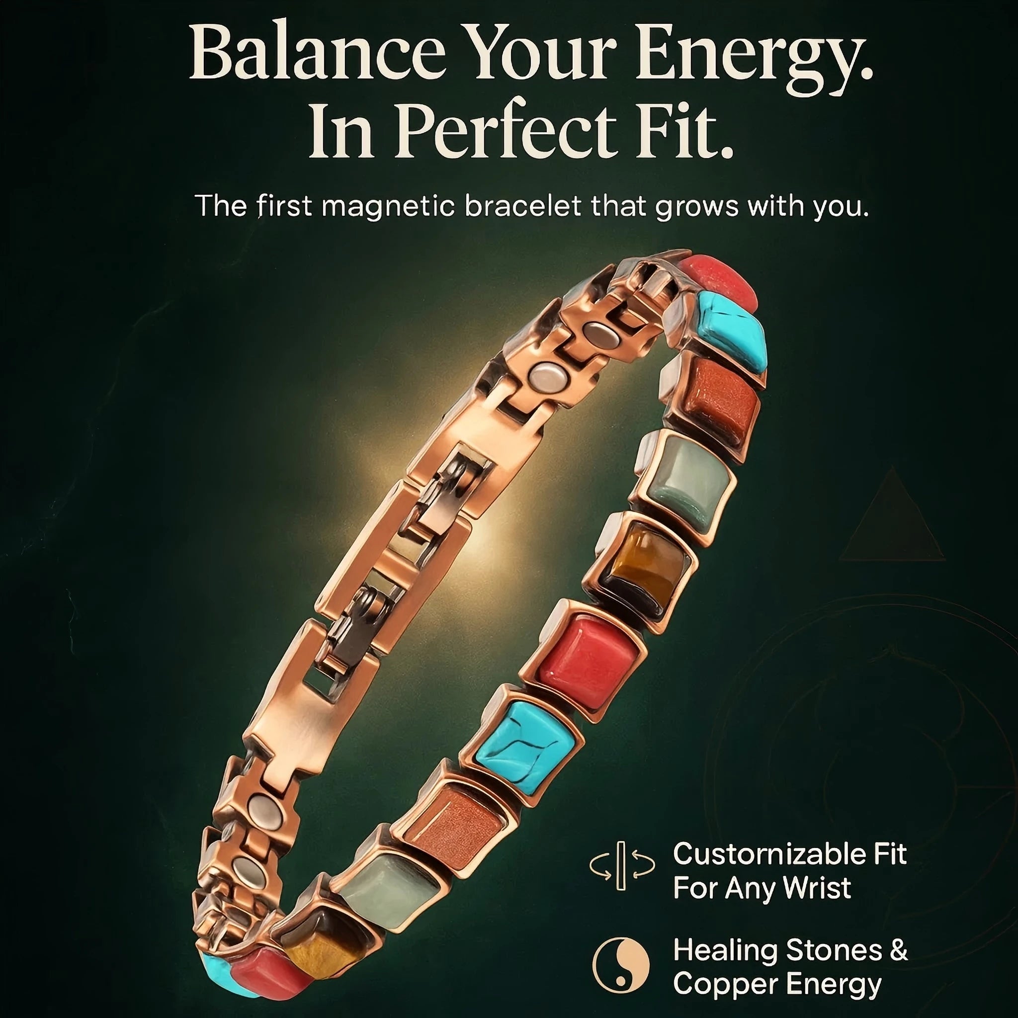 Energinox Good Energy Blood Pressure Control Healing Bio Magnetic Copper Turquoise Stone Bracelet