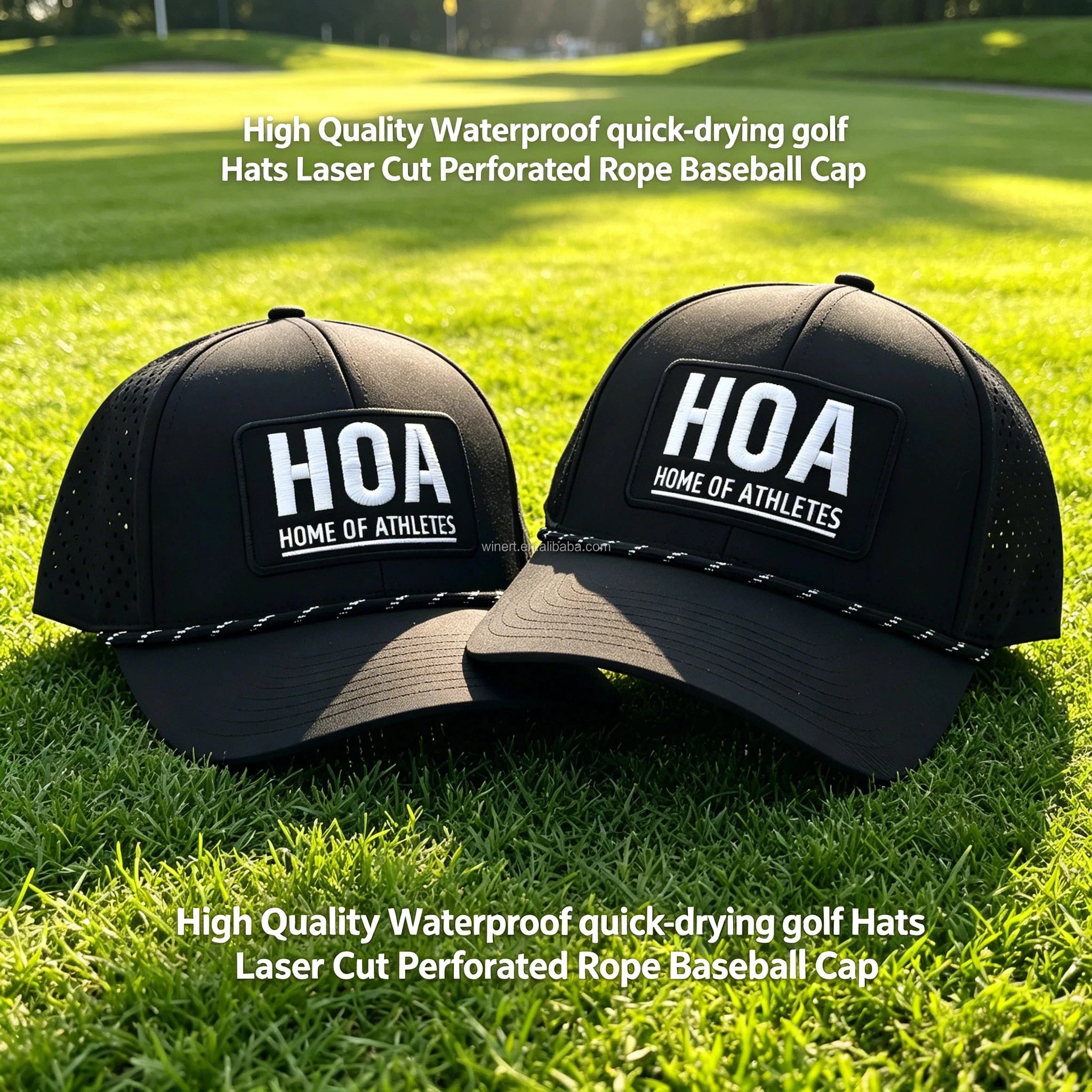 OEM Waterproof Laser Perforated Rope 6 Panel Sport Golf Cap Quick Dry Lightweight Custom Embroidery Logo Breathable Baseball Hat