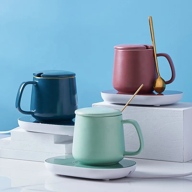 2021 Popular Luxury Retro Coffee Tea Smart Cup Usb 55 Degree Heating Ceramic Electric Warmer Mug with Mug Pad Warmer