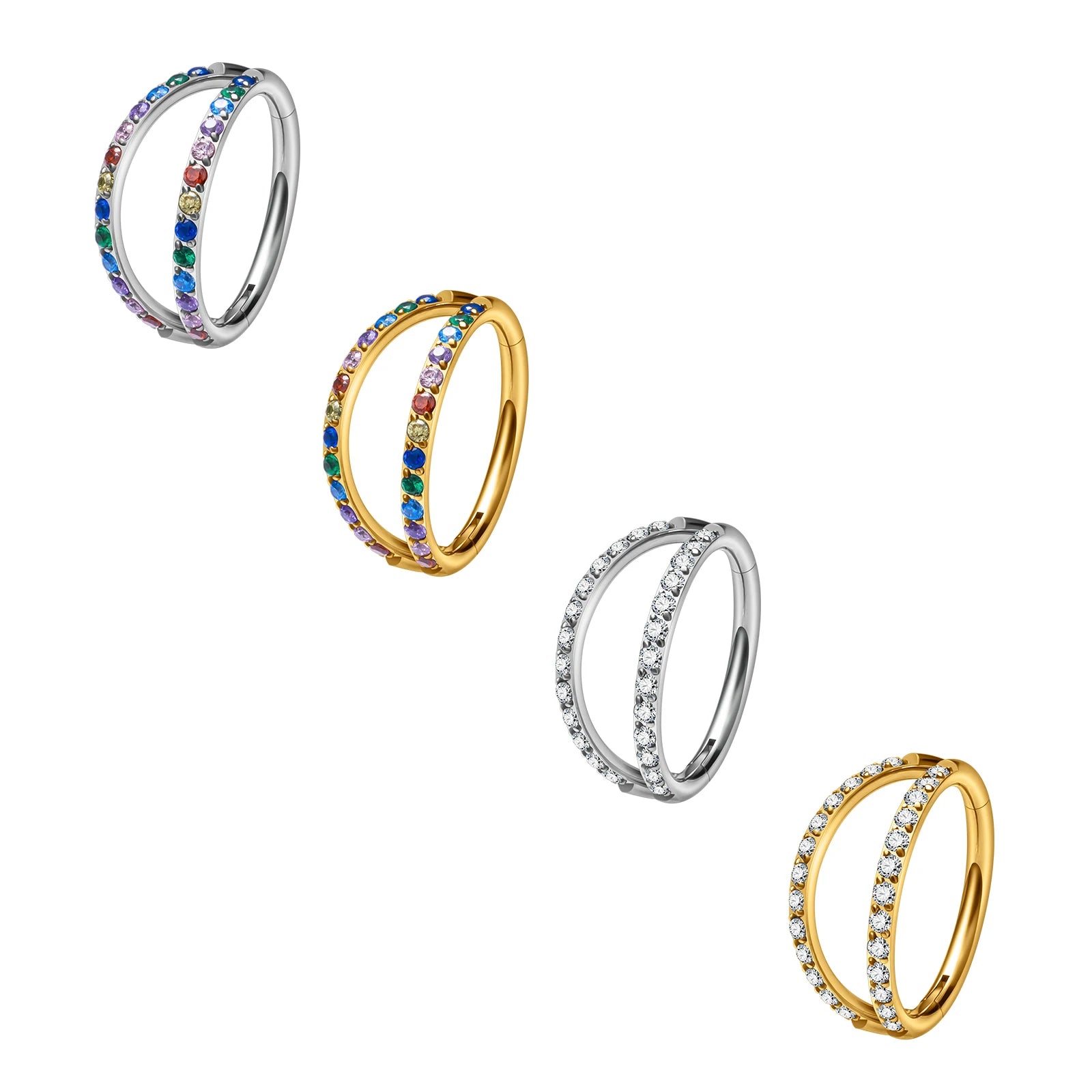 ASTM F136 Titanium Hinged Segment Hoop 16G Unique Double CZ Inlay Clicker Nose Ring Ear Tragus Helix Women Body Piercing Jewelry