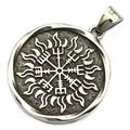 Retro Style Stainless Steel Silver Pendant Engraved Viking Runes Solar Compass with Round Shape Unique and Stylish Jewelry