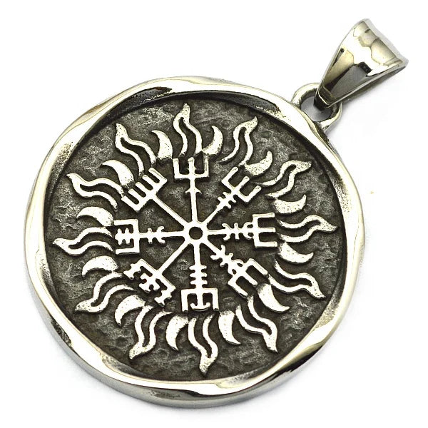 Retro Style Stainless Steel Silver Pendant Engraved Viking Runes Solar Compass with Round Shape Unique and Stylish Jewelry