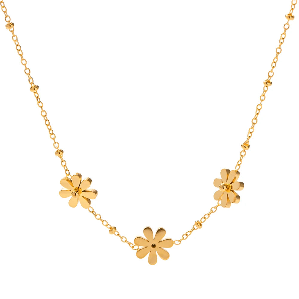 N&S 18K Gold Plated Stainless Steel Necklace Flower Pendant Elegant Bohemian Floral Jewelry Featuring Link Chain