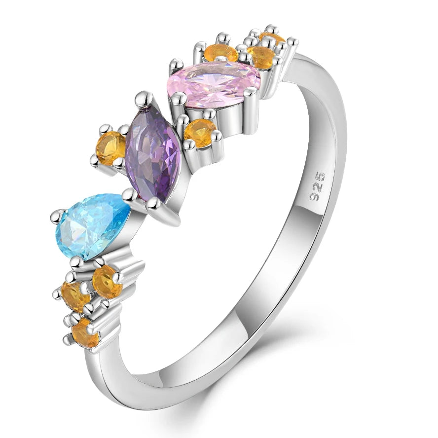 YILUN Rhodium Plated 925 Silver Colorful Zirconia Gemstone Ring for Daily Wear & Party