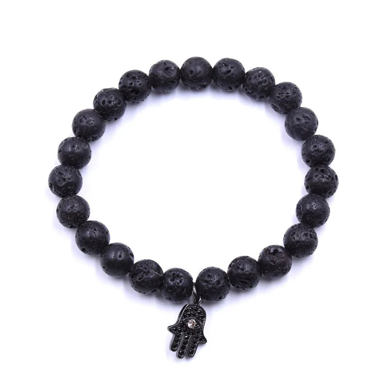 Black Rock Lava Stone Stretch Bracelet Hand Eye Charms Pendant 8mm Stone Protection Healing Crystal Stretch Beaded