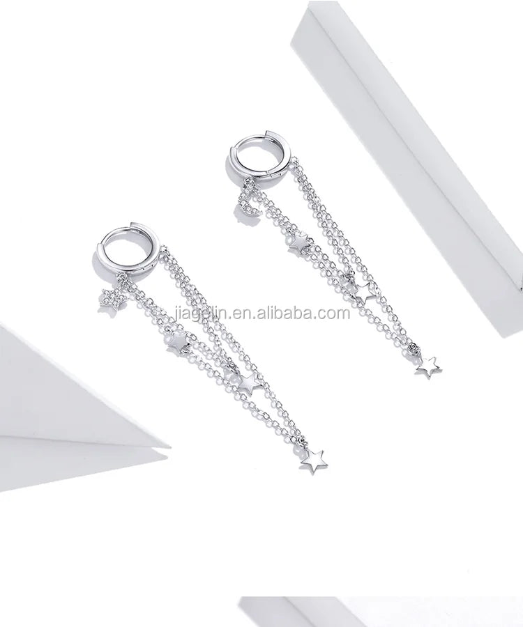 Hot Selling Simple Fashion Star and Moon Tassel Earrings Long Star 925 Sterling Silver Earrings