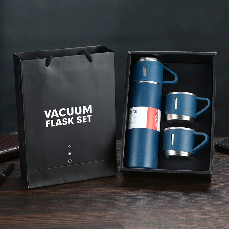 Customized Portable Recycle Double Walled 16oz 500Ml Vacuum Insulated Stainless Steel Blue Flask Set With Cup