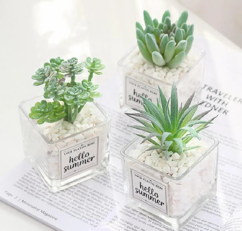 Mini Wholesale Christmas Gift Set Fake Artificial Succulent Planter Pot with Glass Bottle Decorative Flowers and Plants