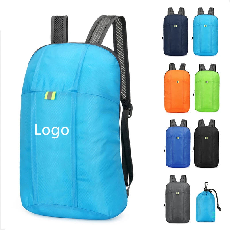 Custom Logo Lightweight Storage Backpack Waterproof Outdoor Sports Folding Bag Polyester Lining Zipper for Travel Cycling