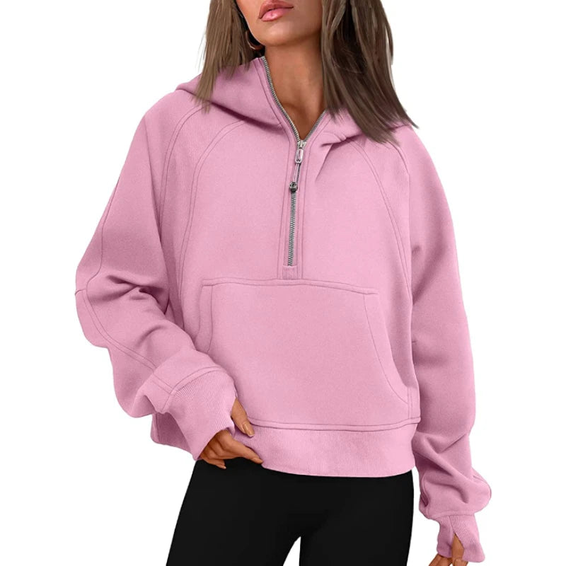 Fitspi Women Cropped Hoodies Fleece Half Zip Pullover Trendy Quarter Zip up Sweatshirts Hooded Winter Clothes With Pockets