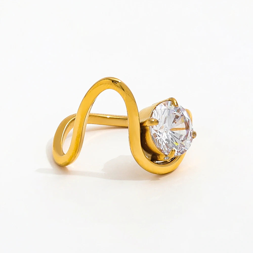 Joolim Jewelry Wholesale 18K Gold Plated Waved Curve Stainless Steel Single Zirconia Ring Trendy Style Women's Party Gift