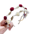 Rose Hairband for Women Metal Non Slip Flower Headband Bride Bridesmaids Wedding Headpiece Red Tiaras Crystal Rhinestone Pearl