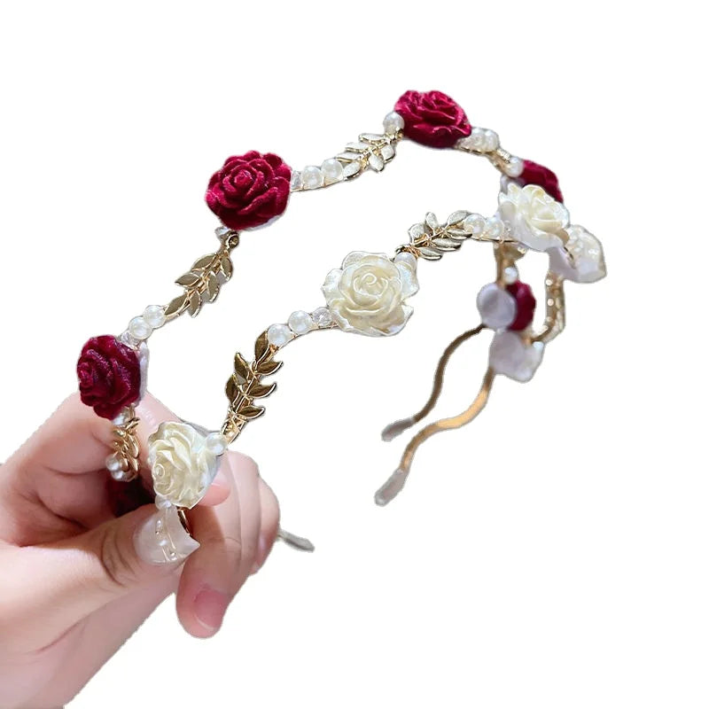 Rose Hairband for Women Metal Non Slip Flower Headband Bride Bridesmaids Wedding Headpiece Red Tiaras Crystal Rhinestone Pearl