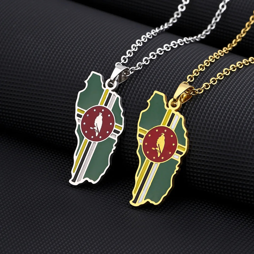 Manufacturer Enameled Dominica Map Chain Necklaces Stainless Steel 18K Gold Plated Enamel Dominica Flag Map Pendant Necklace