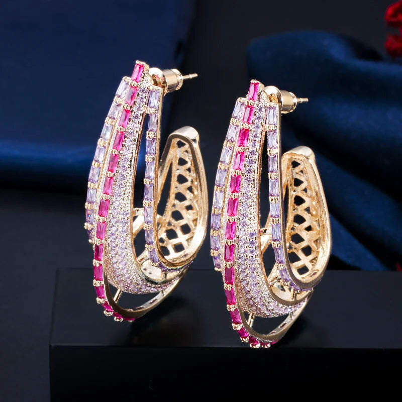 Luxury Chunky Round Circle Purple Pink Cubic Zirconia Crystal Long Big Statement Hoop Earrings for Women Gold Plated Jewelry