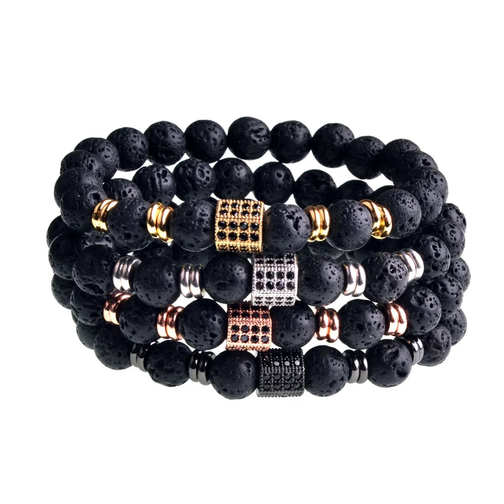 Natural Gemstone Beads Bracelet 7 Chakra Women Rock Lava Stone with Black Hexagonal Healing for Cleaning Buddha