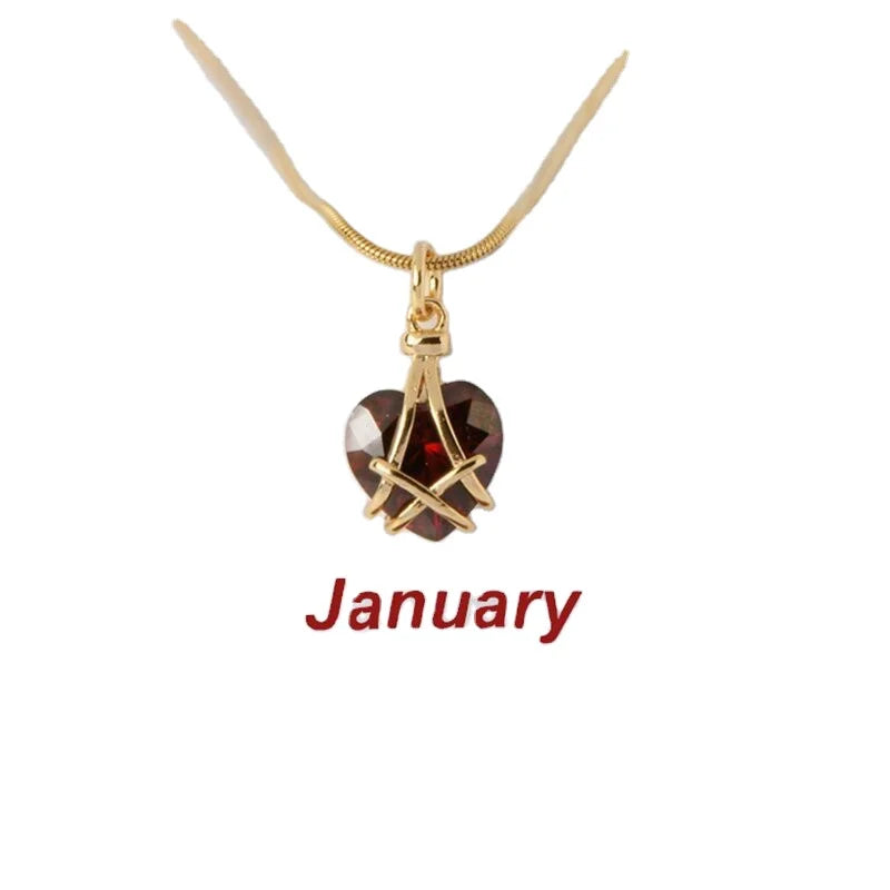 Valentines Day Jewelry 18K Gold Plated Stainless Steel Necklaces Crystal Heart-Shaped 12 Month Heart Birth Stone Necklace