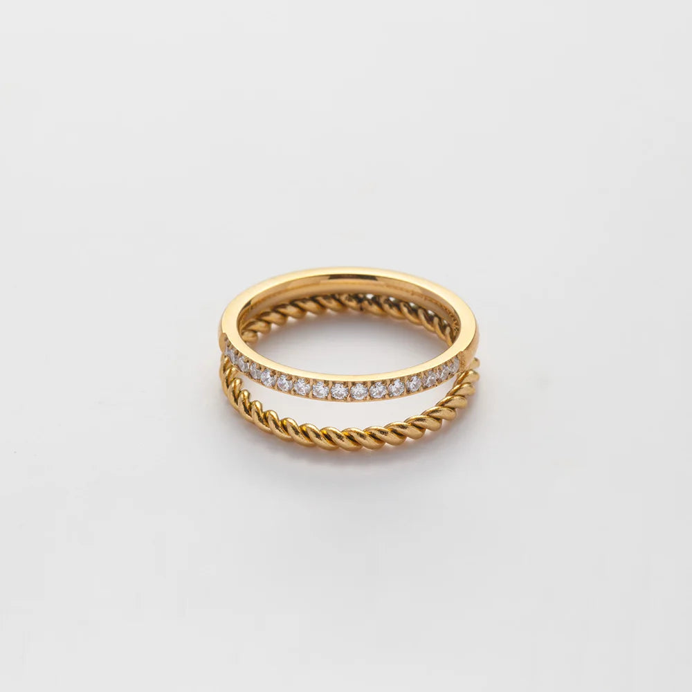 YF3428 New Vintage Trendy Waterproof Jewelry 18k PVD Gold Plated Stainless Steel Palace Double Layer Twist 5A Zircon Ring