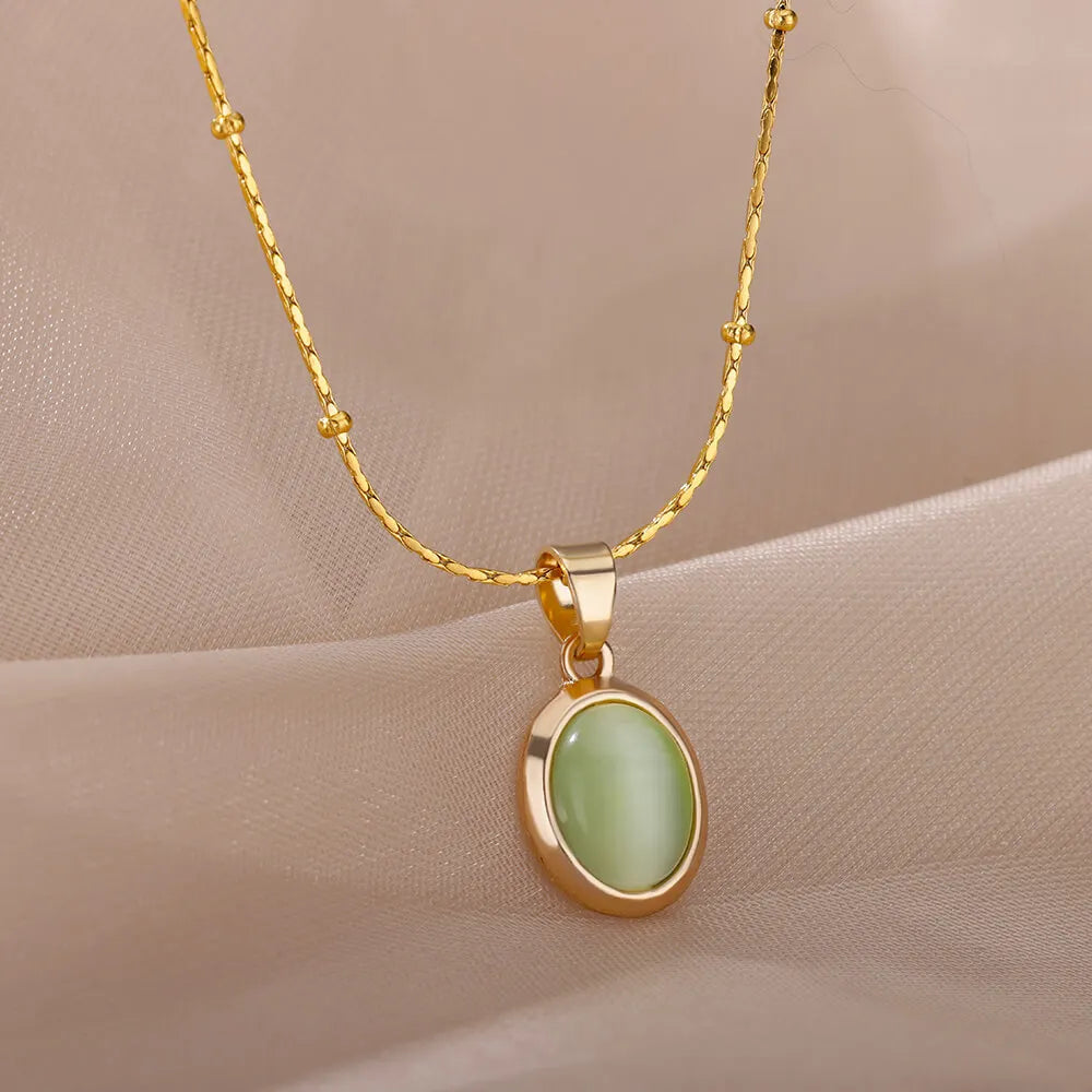 High End Non Tarnish Stainless Steel Gold Plated Chokers Necklace Fashion Green Natural Stone Pendant Necklace Colier Pour Femme