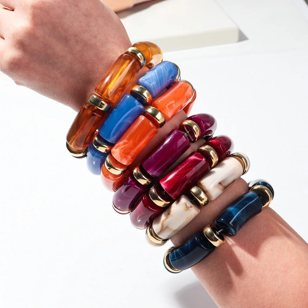 Personalized Hot Bohemian Bracelet Jewelry Stacked 13 Colors Resin Elbow Beads Golden Spacers Acrylic Bamboo Beads Bracelet