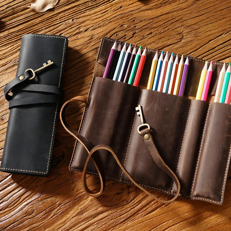 Custom Retro Pouch Purse Bag for School Luxury Roll Crazy Horse Genuine Leather Make up Cosmetic Pencil Case Creative Pen Bag