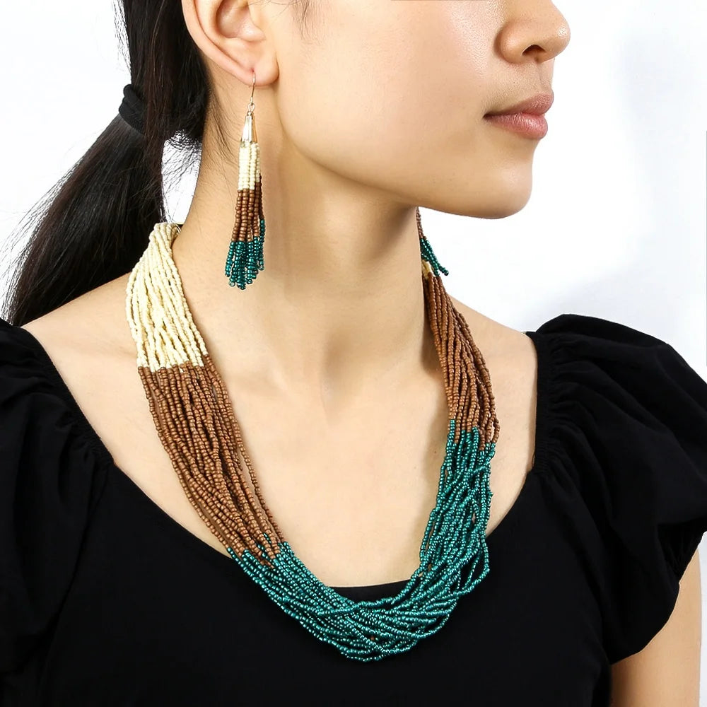 Western Elegant Summer Vocation Vintage Jewelry Multi Layer Colored Mini Glass Rice Bead Tassel Necklace Earring Set for Woman