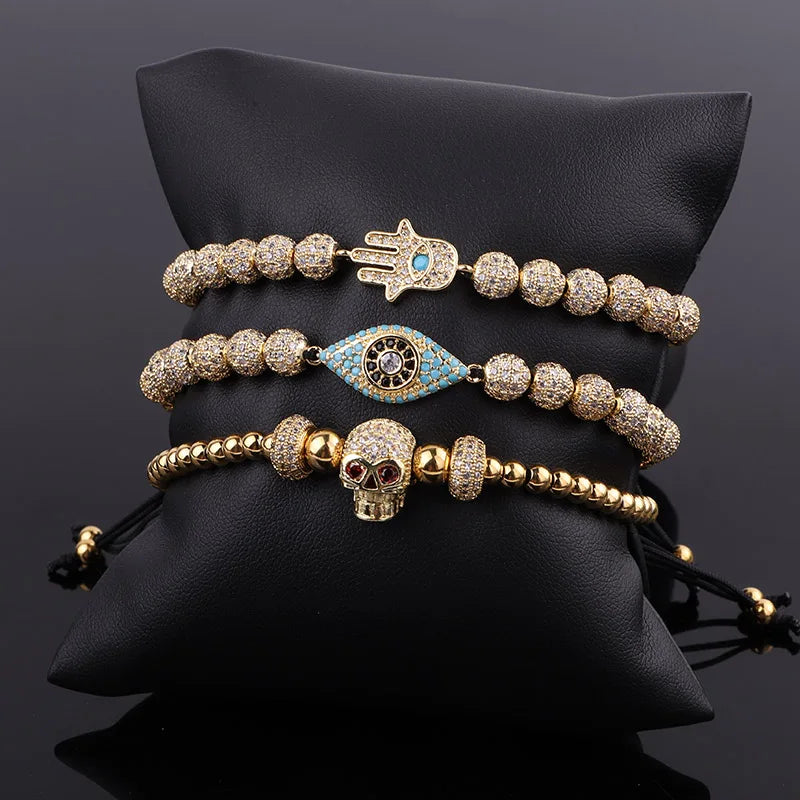 Renting Jewelry New Design Luxury CZ Pave 18 Gold Plated Skull Eye Hand Charms Women Men Macrame Adjustable Bracelet